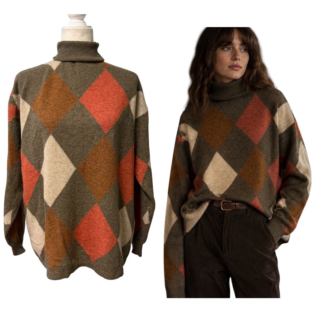 Vtg 90s Tunic Sweater Top Womens M/L Argyle Turtleneck Wool Blend Brown Heritage